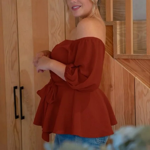 Boho plus  burgundy off shoulder peplum blouse - Picture 2 of 16